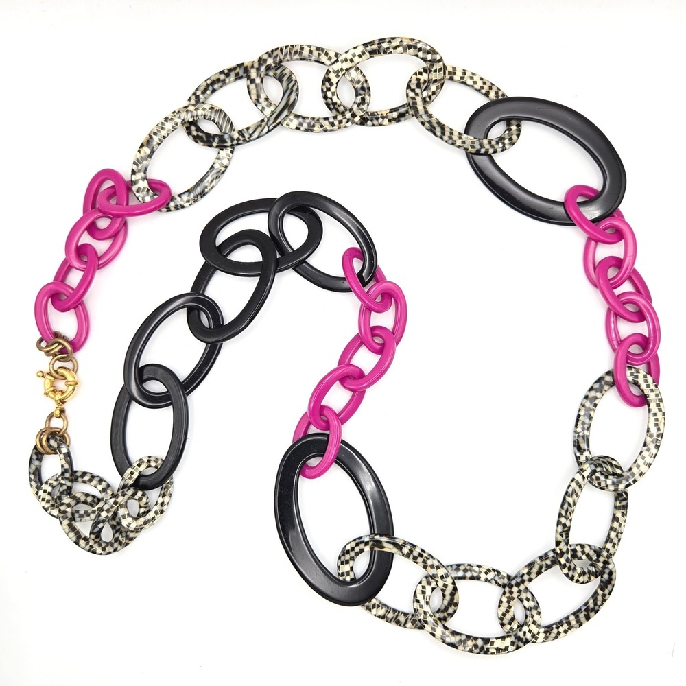 Chunky Link Statement Necklace Hot Pink Black Checkered Resin Acrylic‎ Bold Y2K